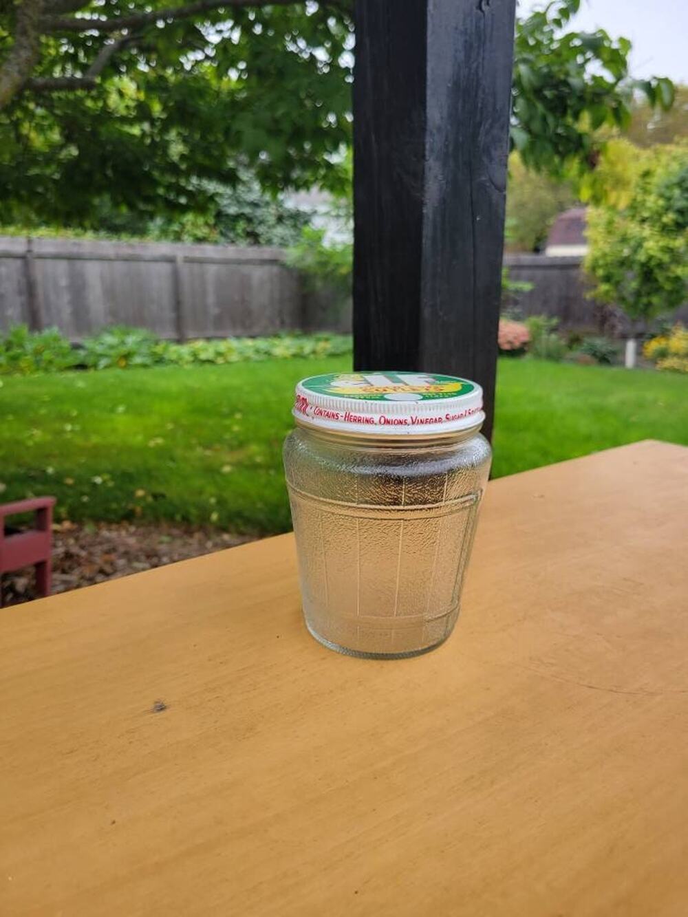 Vintage Elf Herring Glass Barrel Jar Hoosier Kitchen Canister 22oz